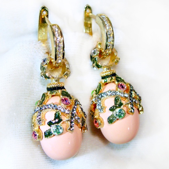 PINK CORAL STERLING Silver Faberge Art Deco Egg Pendant Swarovski Enamel Gold - Picture 3 of 3